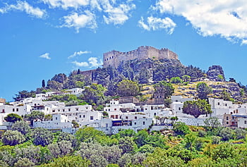 lindos, rhodes, village, island, castle, settlement, travel, destination, tourism, greece