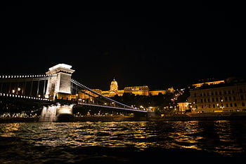 bridge, buildings, night, cityscape, illuminated, architecture, water, urban, landmark, chain bridge, budapest