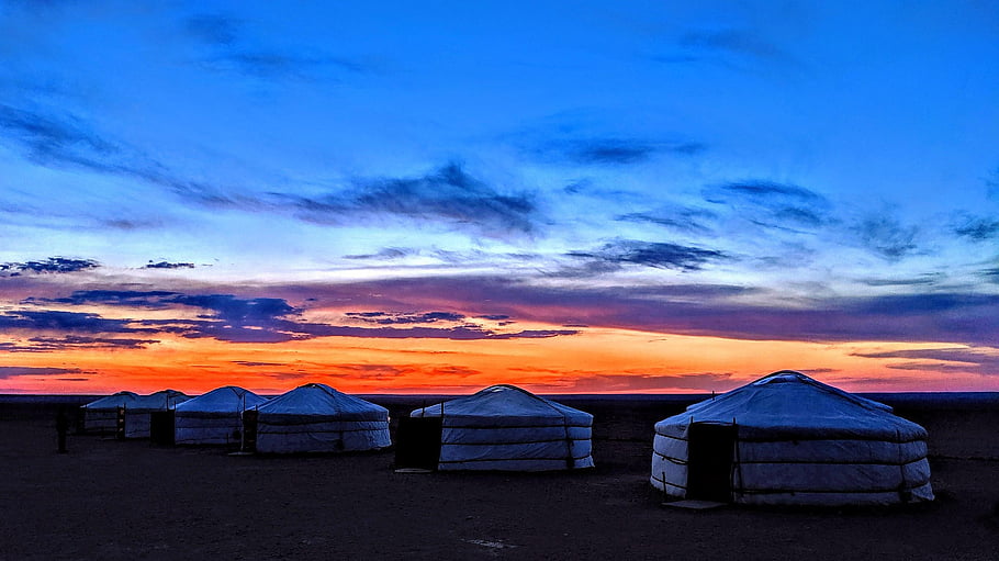 mongolia, sunset, landscape, ger, yurt, sky