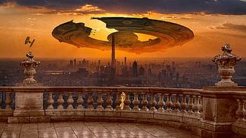 balcony, spaceship, city, digital art, sunset, science fiction, UFO, alien, landscape, design, award tree