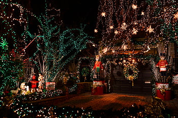 Christmas lights, string lights, trees with lights, nutcracker figures, vibrant display, New York neighborhood, holiday decorations, festive lights, outdoor Christmas display, Christmas scene, holiday lights