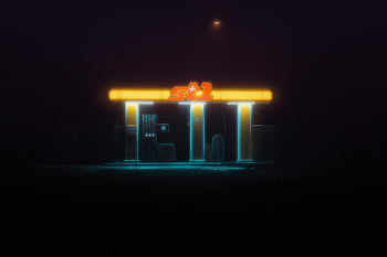 neonový nápis, neonové světlo, zářící neon, čerpací stanice, noční obloha, Tajemná aura, noční scénu, osvětlené znamení, neonová záře, temná noc, Atmosférické osvětlení