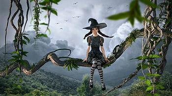 fantasy, nature, liana, girl, to Sit, clouds, mood, landscape, light, tree, surreal