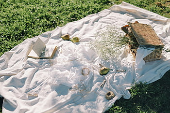 white picnic blanket, grass, wicker basket, pears, flowers, book, outdoor picnic, serene setup, picnic setup, white blanket, outdoor scene