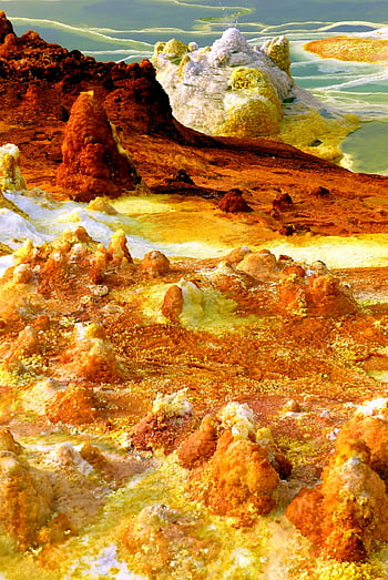 Danakil Depression, Ethiopia, volcanic area, mineral formations, vibrant colors, natural landscape, geological features, sulfur deposits, hot springs, geothermal activity, desert environment