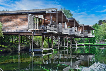 house, pond, nature, landscape, lodge, lodging, residence