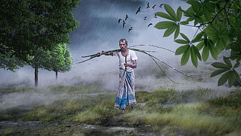 farmer, meadow, rain, walking, harvest, village, trees, forest, nature, mood, rainy Day