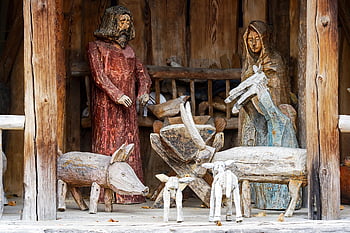 wooden Figurines, sculptures, article, artistic, nature, people, animals, shed, attraction, tourism, religion