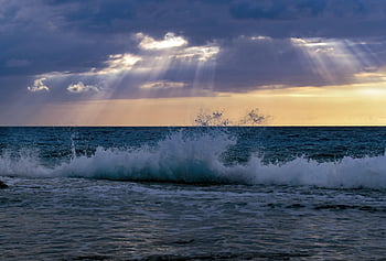 onde, acqua, mare, cielo, natura, nuvole, raggi di sole, paesaggio marino, scenario, onda, pomeriggio