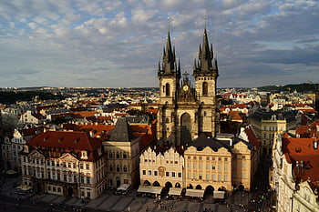Prague, Old Town, Church of Our Lady before Tyn, aerial shot, blue sky, cloudy sky, daytime, white and brown concrete building, historic architecture, European cityscape, Czech Republic