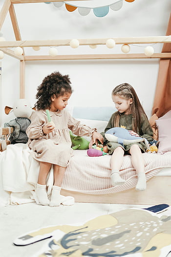 girls playing, stuffed toys, children playing, bed, fun, innocence, kids, playtime, bedroom, plush toys, childhood