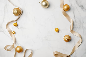 Christmas baubles, gold baubles, ribbon, marble background, festive occasions, top view, holiday decorations, Christmas decorations, golden ornaments, Christmas ornaments, festive background