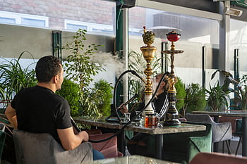 man smoking shisha, shisha pipes, cozy indoor lounge, hookah lounge, indoor plants, two men, enjoying shisha, hookah, smoke, relaxation, social gathering