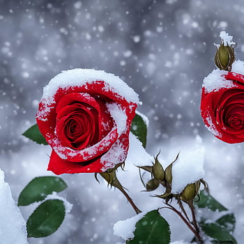 ai Generated, cold, winter, frozen, red Roses, snow, temperature