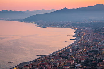 coast, sea, sunset, mountains, city, evening Atmosphere, nature, italy, liguria, landscape