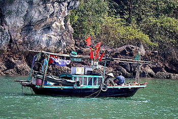 Vietnam, halong, záliv Halong, rybář, rybářská loď, rybolov
