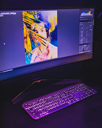 Black Flat Screen, Computer Monitor, widescreen monitor, image editing, illuminated keyboard, desktop setup, vibrant display, photo editing, computer setup, modern workspace, technology setup