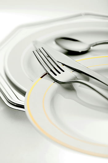 stainless steel fork, elegant plates, silver cutlery, dining settings, close-up, tableware, fine dining, utensils, white plates, dining table, elegant dining
