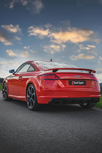 red Audi TT, Audi sports car, country road, sunset, dynamic rear view, Audi Sport, red car, sports car, country road sunset, TT RS, Audi TT RS