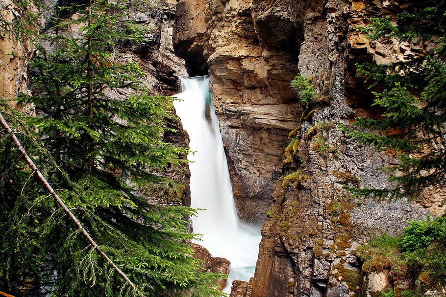 vodopád, hory, turistika, Příroda, scenérie, venku, les, stromy, mimo, alberta, banff