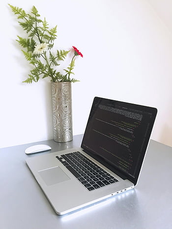 Macbook Pro, il computer portatile, codice di programmazione, Spazio di lavoro moderno, vaso, fiori, arredamento dell'area di lavoro, Configurazione tecnologica, ambiente di codifica, scrivania da ufficio, design minimalista