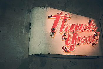 Thank You, LED signage, retro neon, glowing warmly, rustic wall, nostalgic ambiance, vintage sign, neon sign, warm glow, rustic background, nostalgic sign