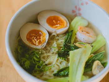 ramen bowl, noodle soup, boiled eggs, shrimp, bok choy, herbs, savory ramen, culinary exploration, ramen ingredients, ramen toppings, ramen dish