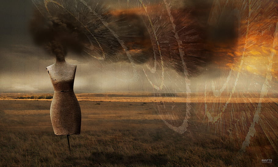 savanne, græs, vind, mannequin, surrealisme, symbolsk, kunst, landskab, horisont, solnedgang