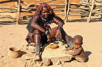 himba, žena, kultura, namibie, Afrika, etnický, batole, dítě, venku