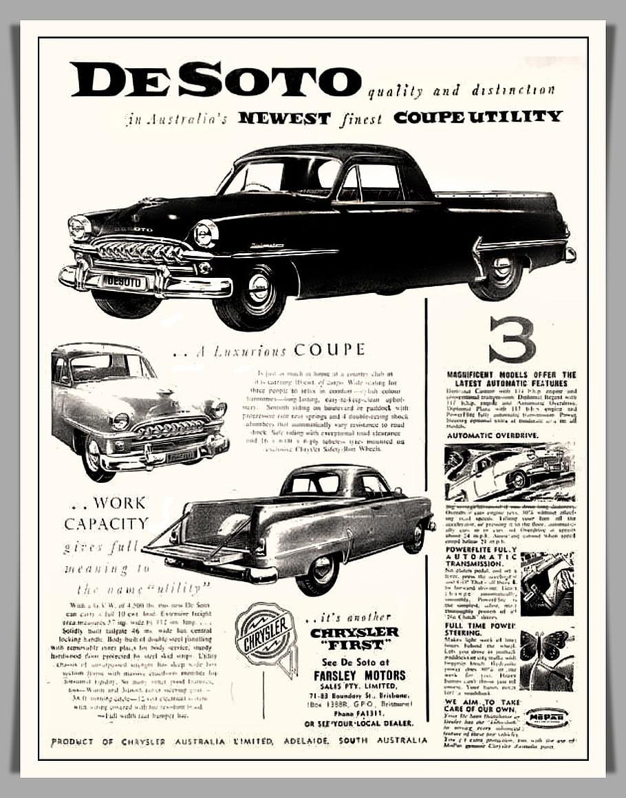 Desoto, 1955 년, 호주 광고, 쿠페 유틸리티, 크라이슬러, 사치, 작업 능력, 빈티지 자동차, 자동차, 판매 촉진, 오스트레일리아