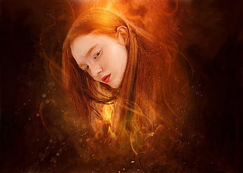 donna, bellezza, viso, ritratto, capelli rossi, labbra rosse, fuoco, fiamme, Pompiera, Fumo, sognare