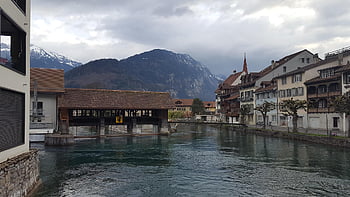 fiume, cittadina, montagne, natura, edifici, case, villaggio, lago, acqua, cupo, nuvoloso