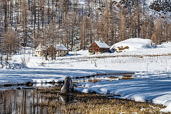 capanne, fiume, inverno, la neve, foresta, alberi, natura, montagna, paesaggio, cabine, villaggio