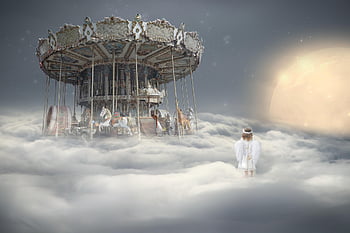 fantasia, comporre, natura, nuvole, Paradiso, Luna, giostra, angelo, bambini, sogni