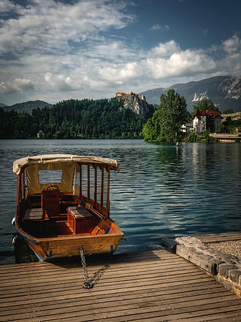 bled, slovenia, lake, boat, hotel, castle, rock, pier, mountains, nature, tourism