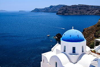 blå-domed kirke, santorini, Ægæiske hav, hvid kirke, Grækenland, blå kuppel, kystnære udsigt, Ikonisk kirke, middelhavet, naturskøn udsigt, Santorini-kirker