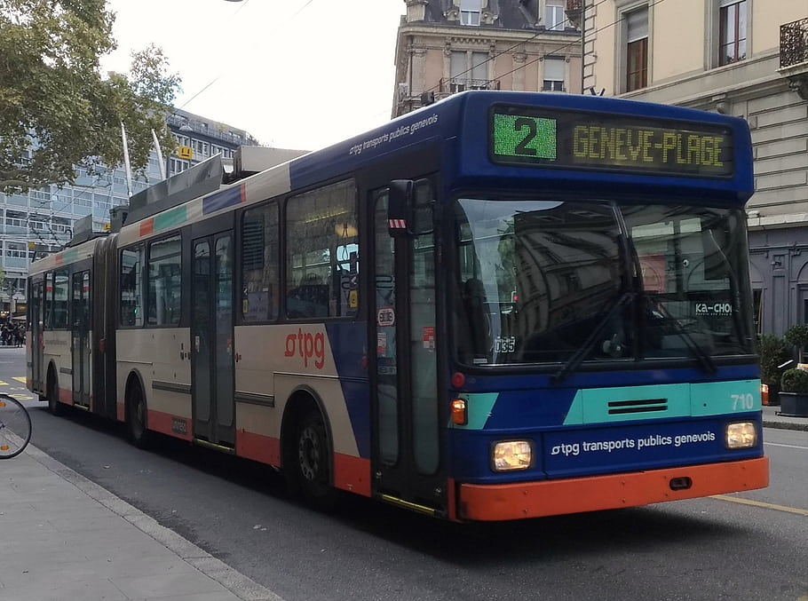 Trolleybus, trolley, Hess, bus, Geneva bus, Swiss bus, 1993, still in service, public transport, city street, Geneva Plage