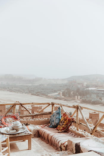 Ait Ben Haddou, terrace, colorful cushions, desert landscape, Morocco, kasbah, peaceful, rooftop, traditional, view, travel