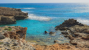 rocky Coast, sea, blue, nature, landscape, scenery, morning, horizon, cliff, ayia Napa, cyprus