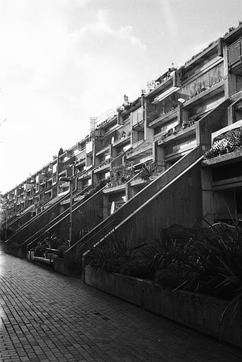 Alexandra Road Estate, Camden, London, England, Brutalist design, black and white, iconic architecture, urban landscape, residential building, concrete structure, modernist design