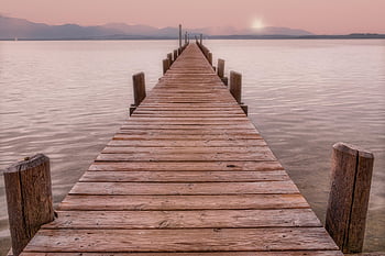 sø, mole, boardwalk, bjerge, solopgang, horisont, natur, vand, atmosfære, fredelig, landskab