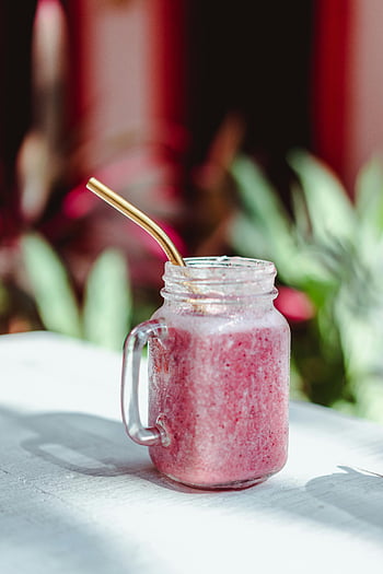 Smoothie de capsuni, Borcan de sticlă, masa albă, băutură răcoritoare, băutură de vară, Smoothie Jar, paie de metal, mason jar, Smoothie roz, băutură sănătoasă, fructe