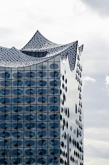 elbphilharmonie, Hamburg, philharmonic hall, Ohromující architektura, moderní design, zatažená obloha, mezník, Německo, městské panorama, reflexní fasáda, moderní budova