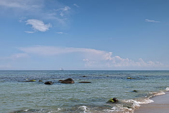 beach, coast, sailing Ship, nature, sea, rock, sand, waves, water, horizon, seascape