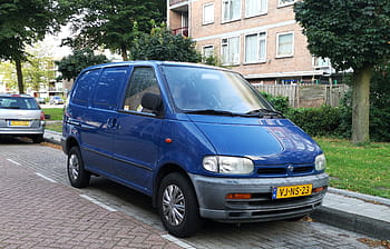 Nissan, Vanette, blue van, 1996 model, parked car, Amsterdam street, license plate, urban setting, trees, building, side view