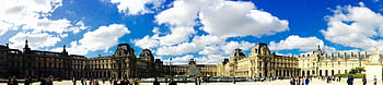 Louvre Museum, Paris, France, historical architecture, iconic landmark, tourist attraction, European art, cultural heritage, pyramid entrance, sunny day, blue sky