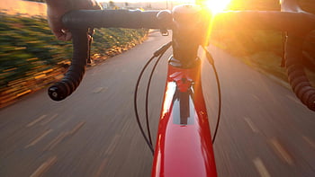cyklistika, západ slunce, červené silniční kolo, malebné silnici, Rychlost, pohyb, venkovní aktivita, dobrodružství, Cyklistika západu slunce, silniční cyklistika, vzrušení