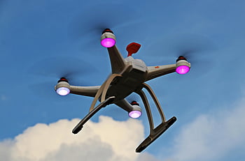 quadcopter drone, flying drone, white quadcopter, propellers, lights, blue sky, clouds, aerial photography, drone photography, high altitude, quadcopter in sky
