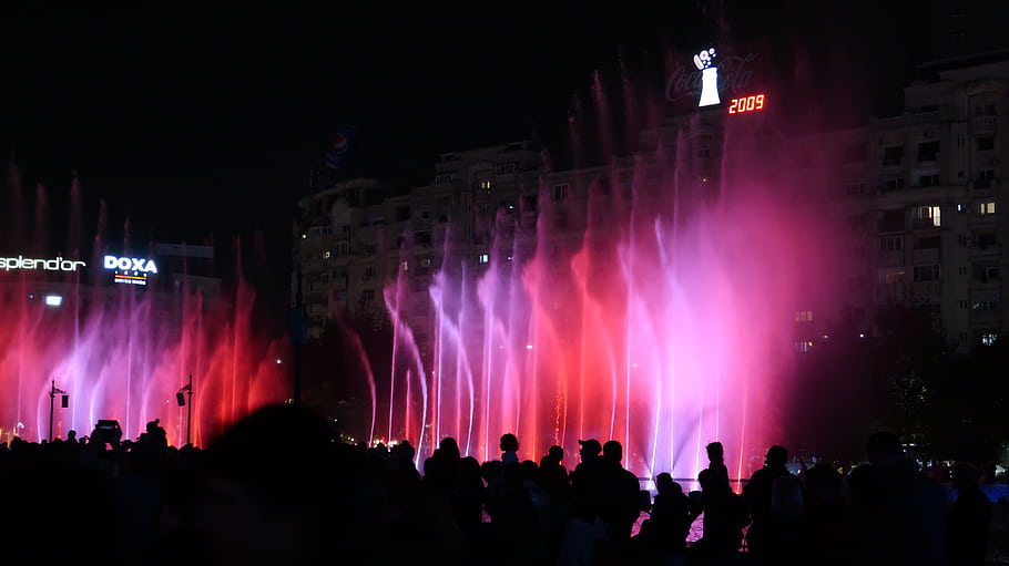 fountains, night, crowd, illuminated, water, city, buildings, Coca-Cola, Pepsi, signs, 2009