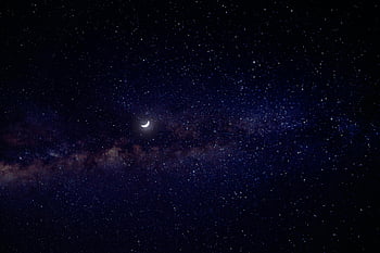 night sky, crescent moon, star-filled sky, Milky Way, serene view, night view, starry night, celestial scene, cosmic view, astronomy, night photography